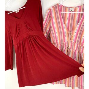 Motherhood Maternity Lot Of 2 Tops XL Burgundy Knit & Pink Stripe RAA10444